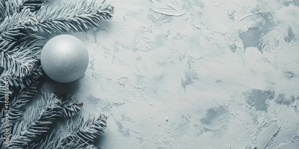 Aufkleber Christmas gray minimal background featuring a mock-up greeting card and a ball. Flat lay, copy space.