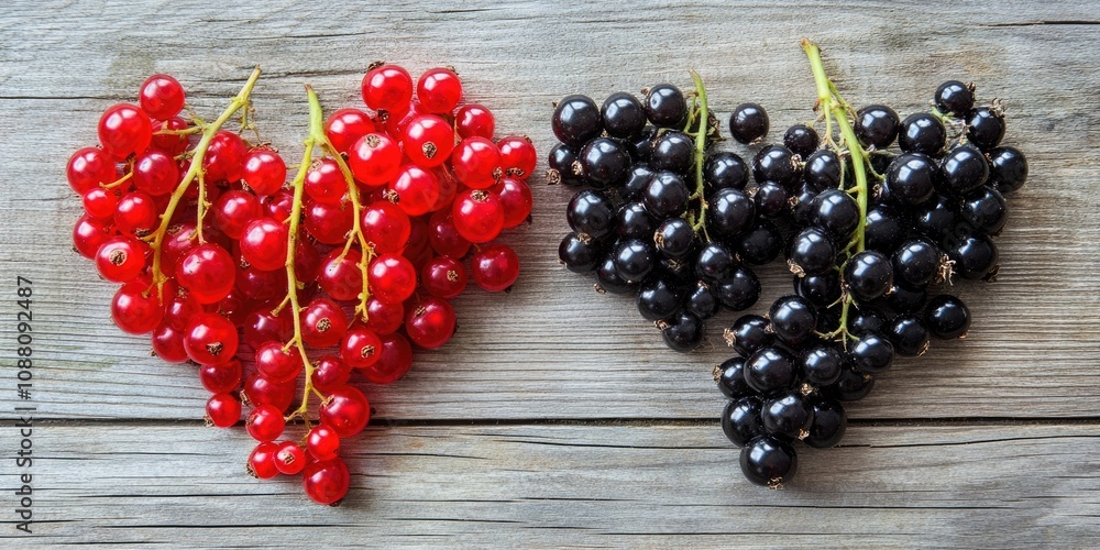 Poster black currants and red currants arranged in a heart shape on a wooden table.