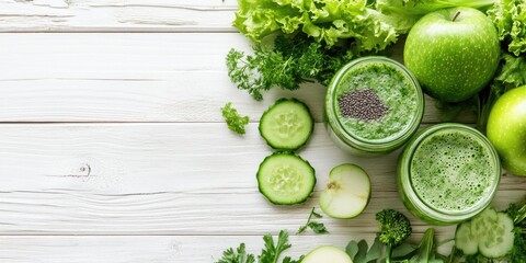 Obraz premium Detox diet. Green smoothie featuring various vegetables on a white wooden backdrop with copyspace. Healthy, low-calorie food for vegetarians, including salad, greens, green apple, chia, or flax seeds.