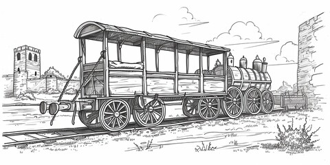 A detailed vintage sketch of a horse-drawn streetcar, historical and artistic depiction, intricate design showcasing a bygone era's elegance.