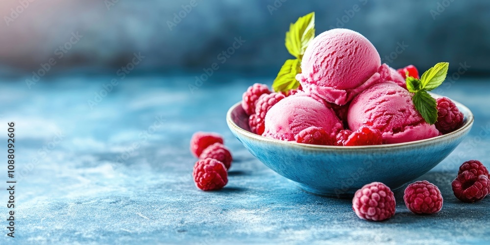 Aufkleber raspberry sorbet, an ice cream scoop topped with fresh berries in a bowl against a blue stone backgr