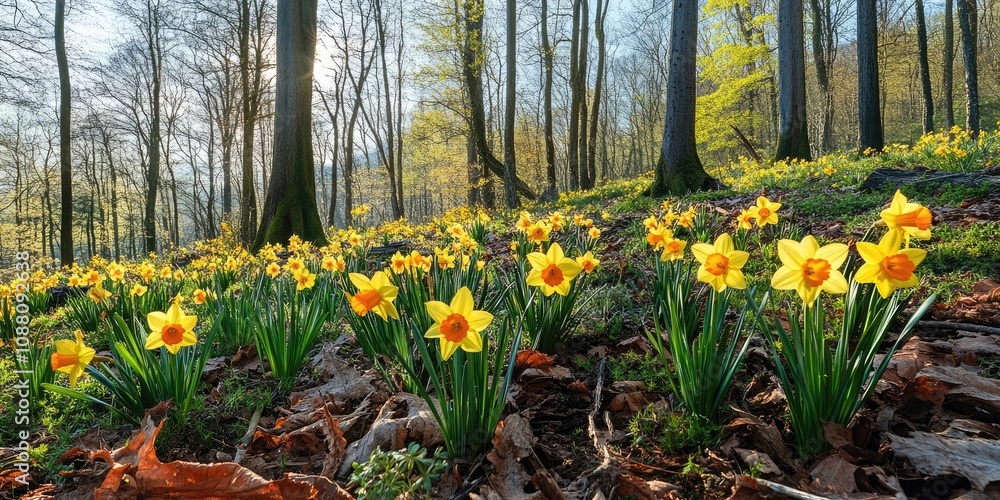 Poster vibrant and colorful daffodil flowers set against a backdrop of the forest and spring scenery.