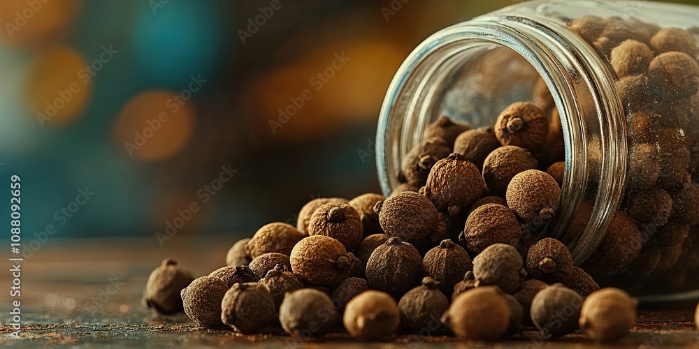 Poster Close-up image of entire allspice spilled from a jar.