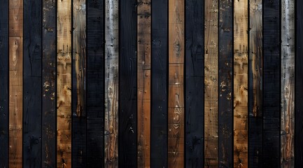 A textured wooden wall featuring dark and light planks in a vertical arrangement.