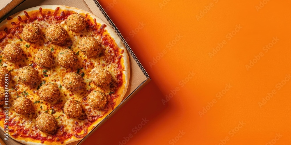 Poster pizza and cheese balls in a paper box, isolated on an orange background. this image comes with a cli