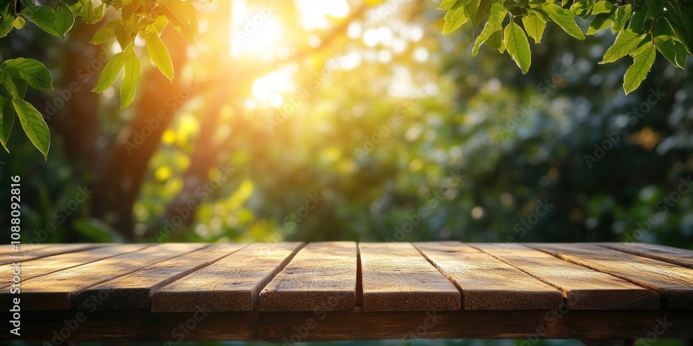Aufkleber Empty wooden deck table with a bokeh background of foliage. Prepared for product display montage.