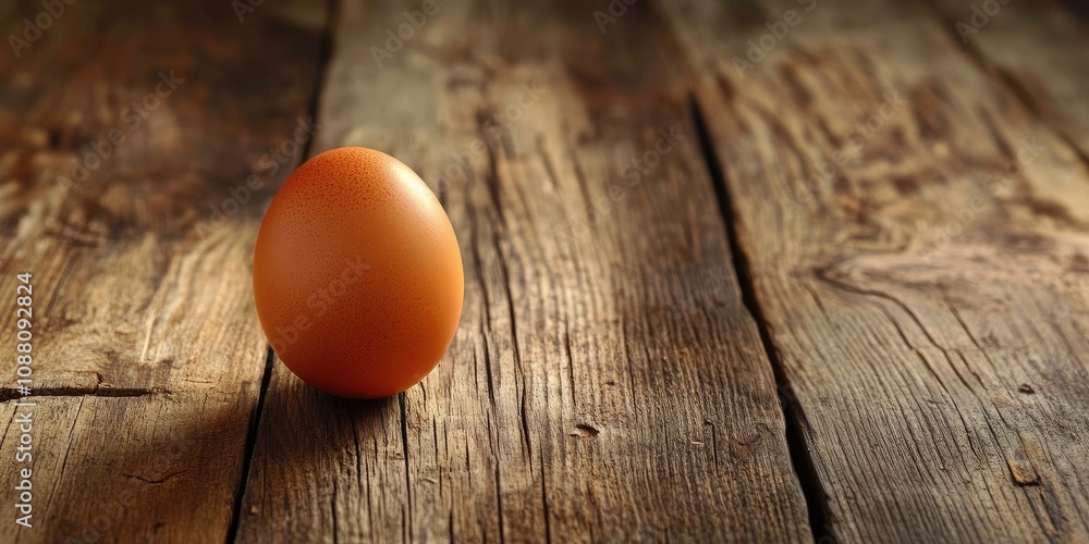 Poster chicken egg on wooden table with area for copy.