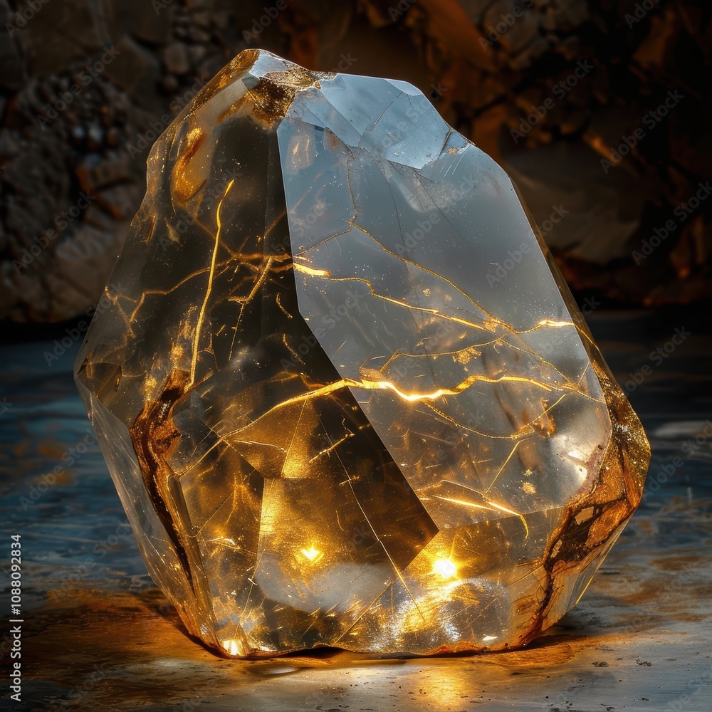 Poster a stunning crystal rock illuminated from within, showcasing intricate natural patterns and a warm gl