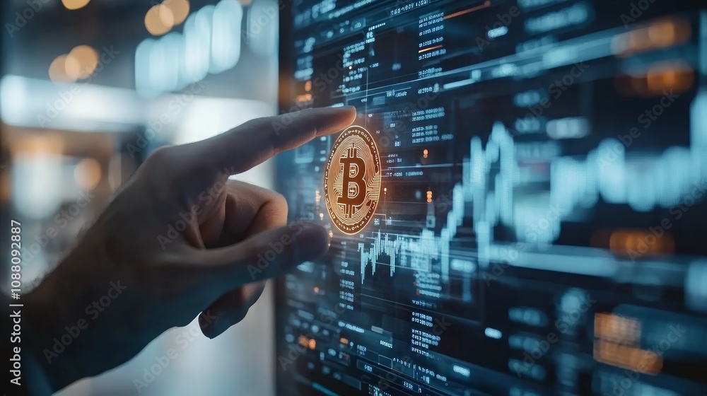 Poster hand interacting with a bitcoin cryptocurrency digital display showing market data.