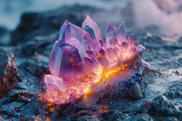 A vibrant purple crystal cluster glows with fiery orange light, set against a rocky landscape, showcasing a stunning contrast of colors and textures.