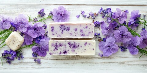 organic soaps and cosmetics featuring purple flowers on a white wooden background
