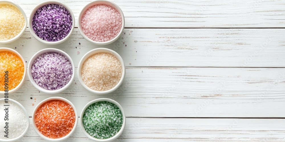 Poster spa cosmetics. a collection of salts in bowls on a white wooden background with a top-down view and 