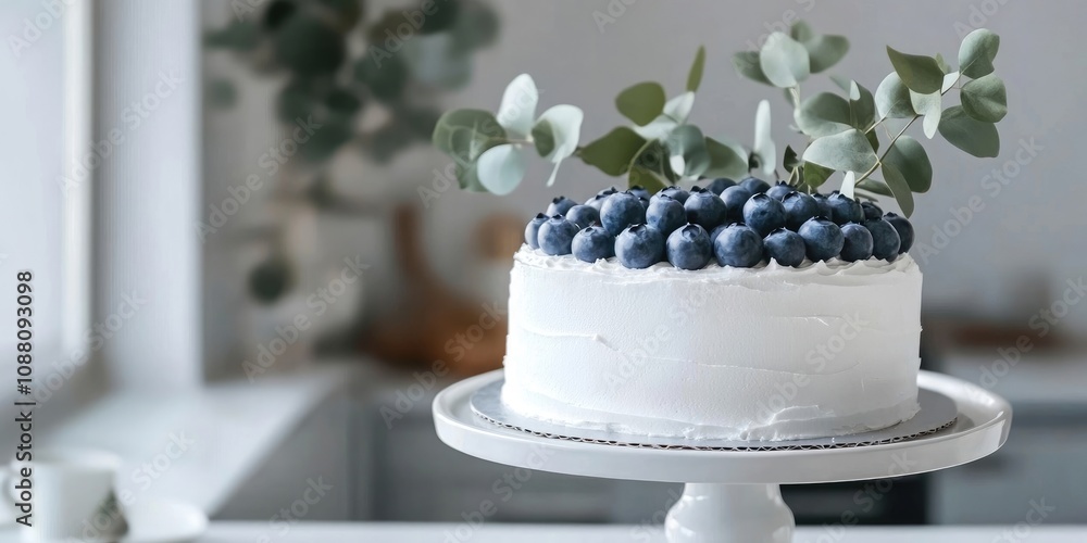 Poster white cake on a stand adorned with blueberries and a sprig of eucalyptus in the kitchen. the cake fe