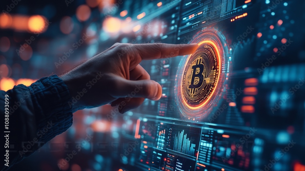 Aufkleber hand interacting with a digital bitcoin interface on a futuristic screen.