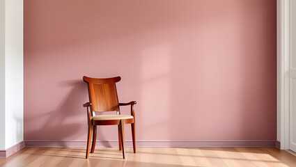 Modern mahogany wood dining chair against mauve luxury house wall