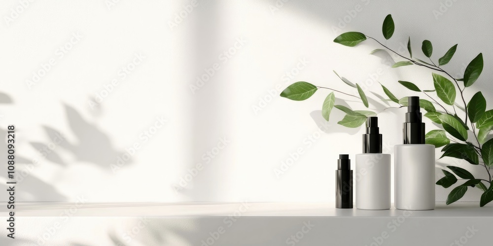 Aufkleber minimal product display stand featuring cosmetic bottles and a green plant branch. cosmetics display