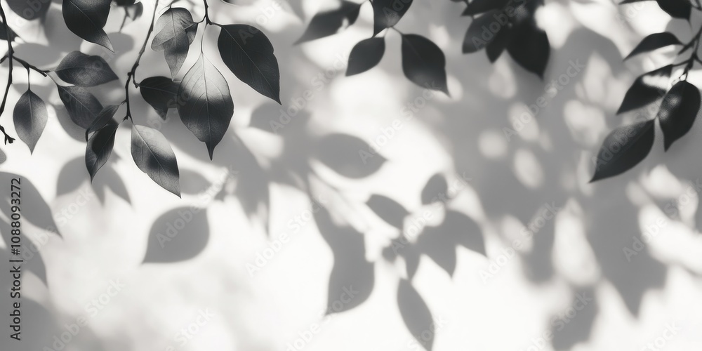 Poster overlay effect for a photo. gray shadow of leaves on a white wall. blurred background with an abstra