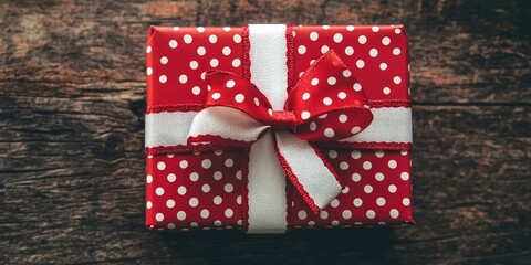 Obraz premium Red gift box featuring a white ribbon with red polka dots, set against a wooden background for Valentine's Day.