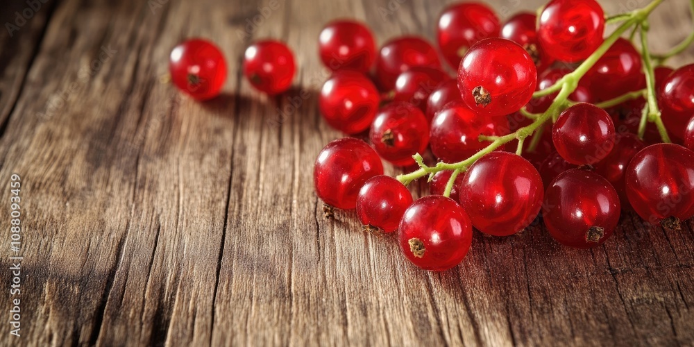 Poster fresh red currants on a wooden table, close-up image with selective focus.