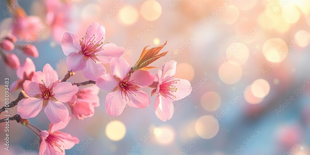 Aufkleber Lovely pink blossoms of a Sakura tree against a blurred bokeh backdrop on a warm, sunny day. Spring-themed background with copyspace.