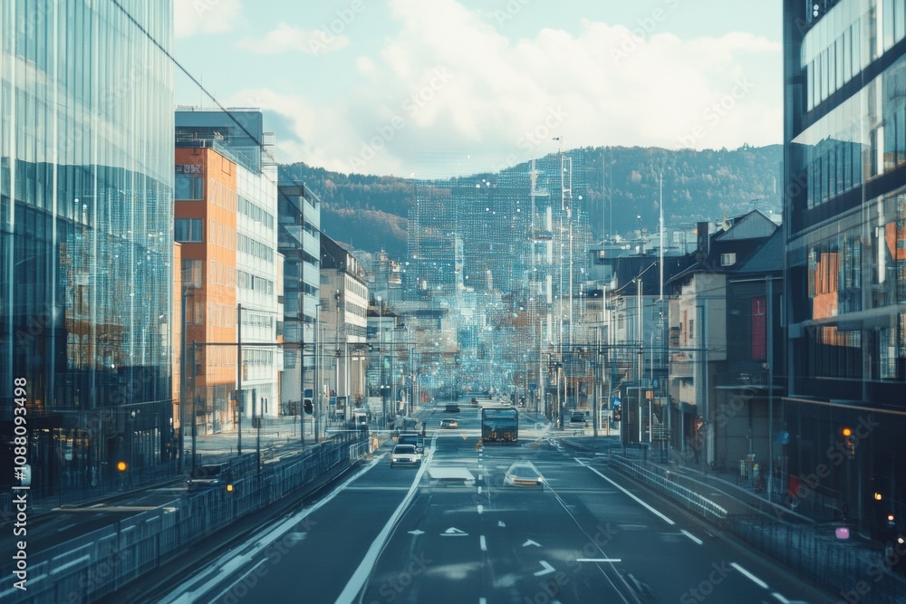 Poster the city features modern buildings linked by an ai network, emphasizing technology and urban design 