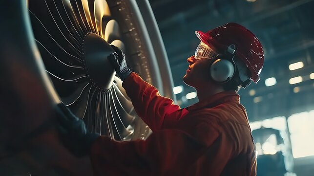 Technician inspecting aircraft engine.