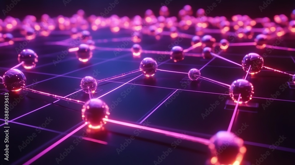 Aufkleber Abstract network visualization with glowing nodes and connections on a grid.