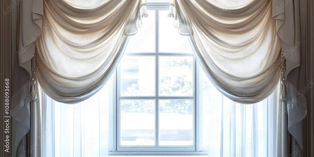 Aufkleber close-up view of a window featuring elegant curtains indoors.