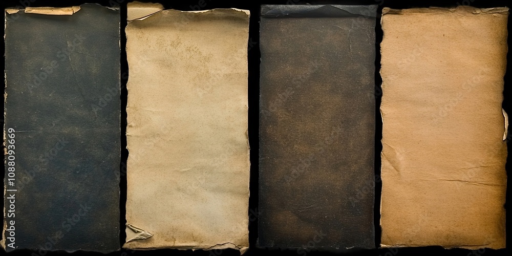 Poster a collection of four intriguing textures of old, stained, yellowed, and darkened paper against a bla