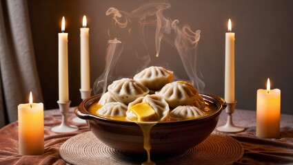 Obraz premium Steaming dumplings in a bowl with candles in a cozy setting.