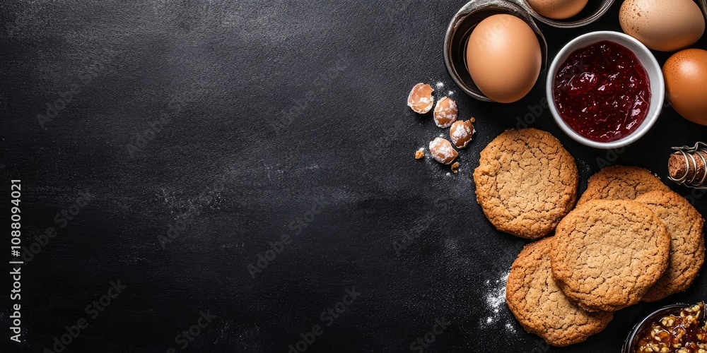 Aufkleber ingredients for homemade cookies. fresh cookies next to jam and eggs on a black background top view 