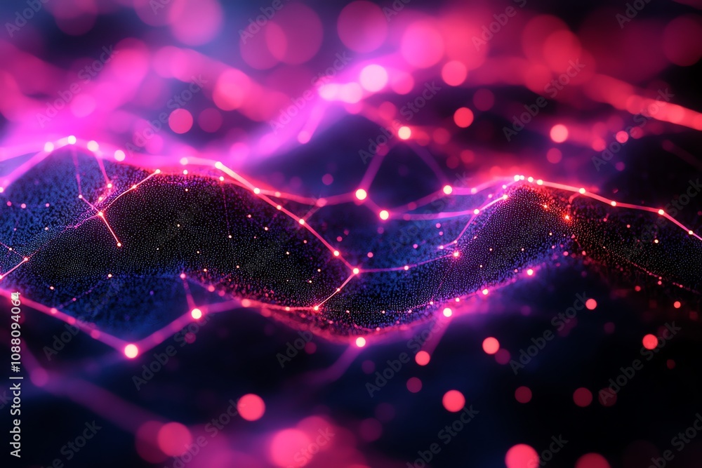 Poster Abstract pink and blue glowing wave with connected dots and bokeh lights.