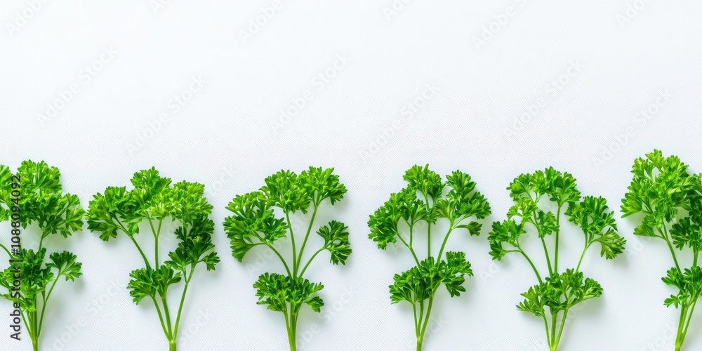 Aufkleber greenery. curled parsley sprigs on a white background. macro image. long header banner layout. panor