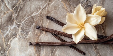 Beautiful vanilla flower and sticks on a marble surface.