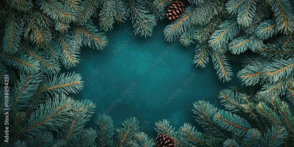 Aufkleber Christmas background featuring a frame of fir branches and copyspace.