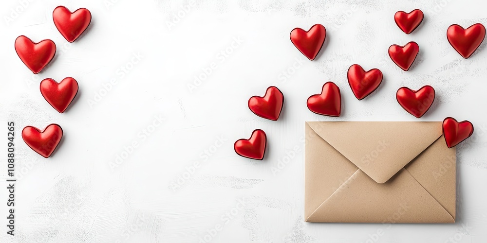 Aufkleber Classic Valentine's Day background featuring hearts and an envelope on a white background. Copyspace. Top view.