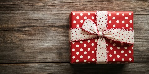 Obraz premium Red gift box featuring a white ribbon with red polka dots, set against a wooden background for Valentine's Day.