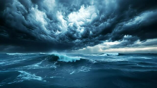 A dramatic seascape featuring turbulent ocean waves under a stormy sky filled with dark clouds, creating a sense of impending weather and nature's power.