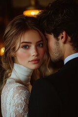 A timeless romantic moment between a couple, perfectly captured in soft, natural lighting for an enchanting romance novel book cover design