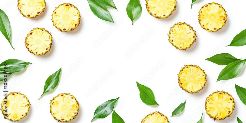 Poster sliced pineapple adorned with green leaves, set against a white background with copy space for your 