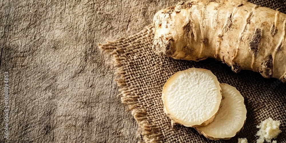 Poster image of horseradish root with a slice placed on burlap, accompanied by white space.