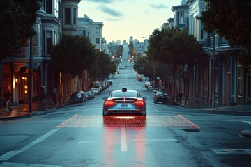 A self-driving car uses onboard AI systems to navigate through urban streets as twilight descends, revealing city life. Generative AI