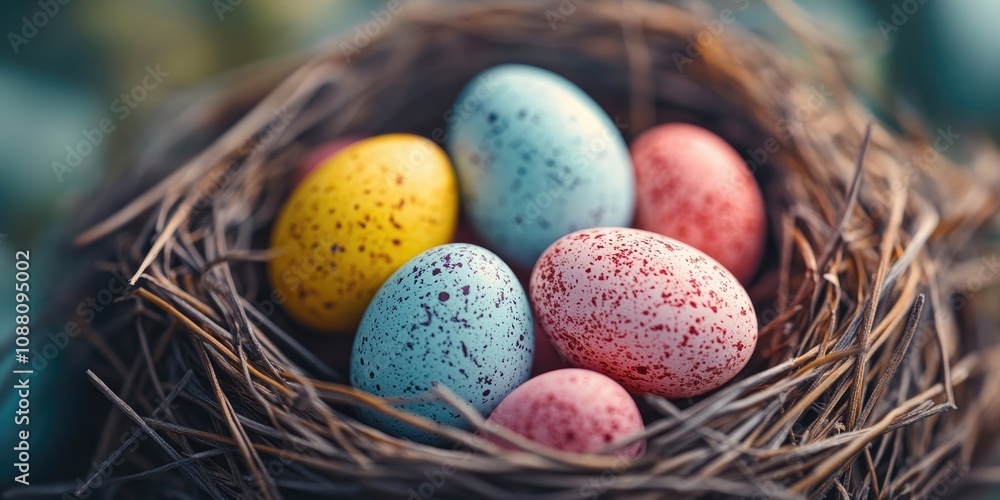Aufkleber easter nest with colorful tiny eggs. close-up of dyed eggs. adorable easter symbol. simple minimalis