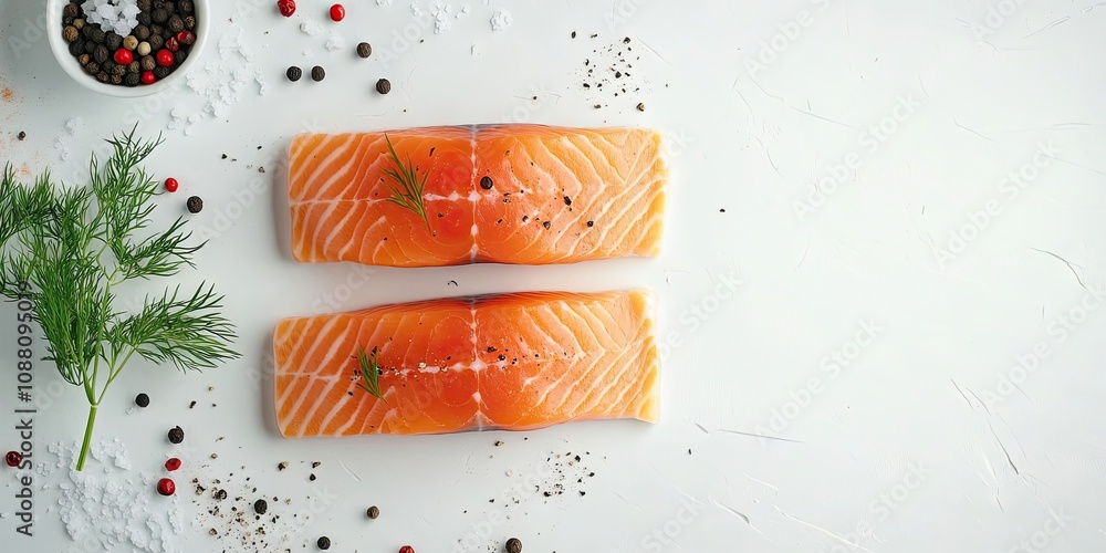 Aufkleber an overhead image of two salmon slices on a white surface, featuring space for text, accompanied by 