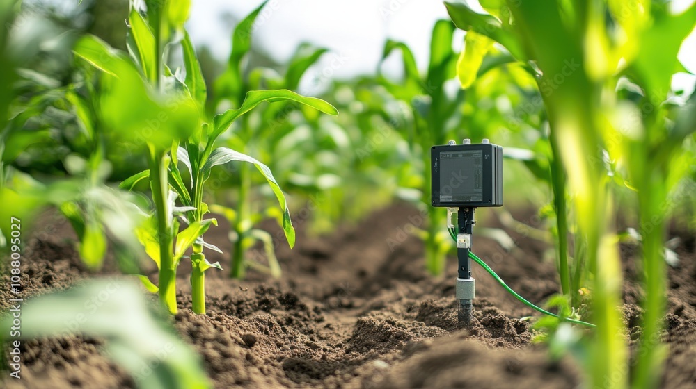 Poster A detailed close-up of a smart agriculture sensor array, measuring soil moisture and environmental conditions, Agriculture technology style