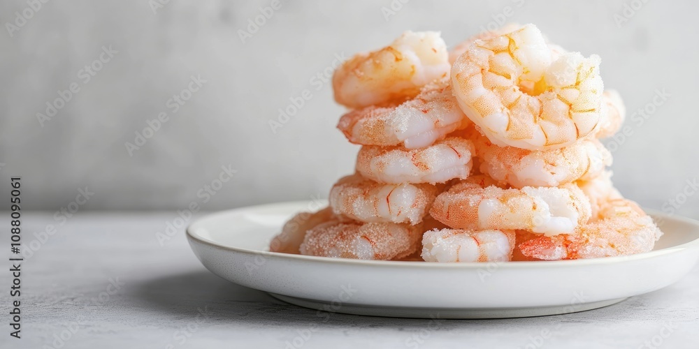 Poster a stack of frozen shrimp on a white plate against a white backdrop. copy space.