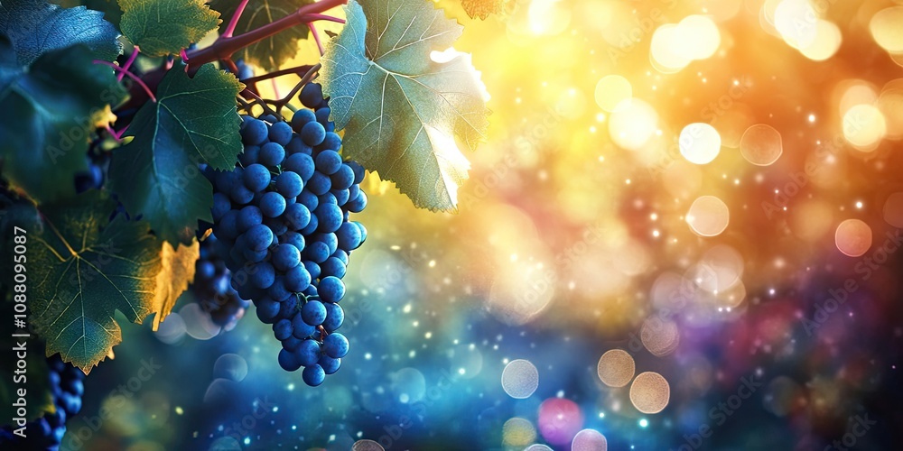 Poster close-up image of a vine branch featuring green leaves and an isolated dark blue ripe grape cluster 