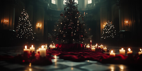 Obraz premium Cinematic shot of a Christmas tree surrounded by candles in the center of an old castle, decorated with red velvet and dark green leaves. 