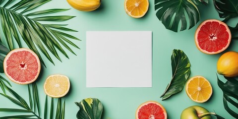 Summer arrangement featuring tropical palm leaves, fruits, and a blank sheet of paper on a mint green background. Summer theme. Flat lay, top view, copyspace.