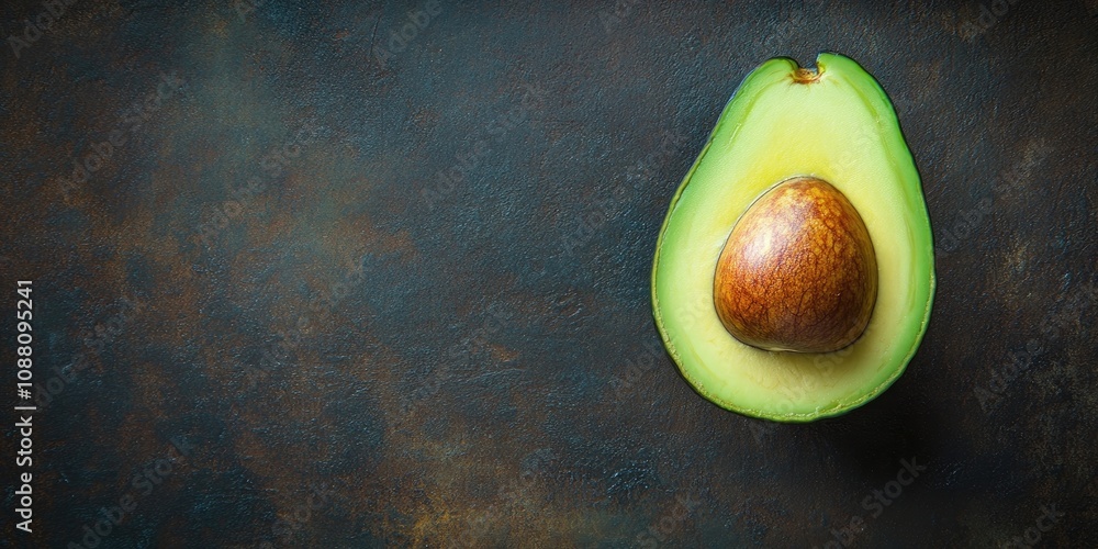 Poster avocado on a dark wood surface. close-up of half an avocado. top view. copy space.
